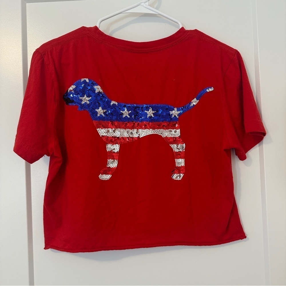 PINK Victoria’s Secret Cropped Red Patriotic Sequin T-shirt Size XS Women’s